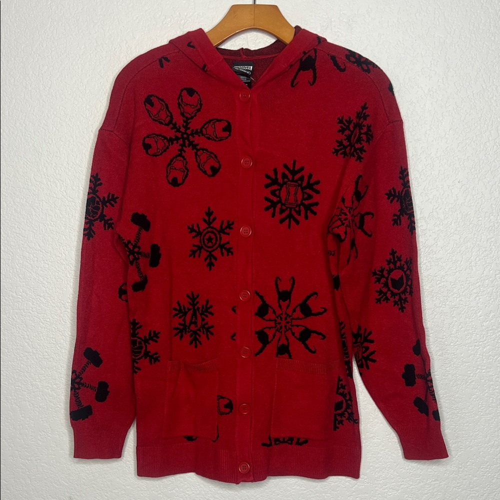 Her Universe Red and Black Snowflake Cardigan Hooded Holiday Christmas XS New